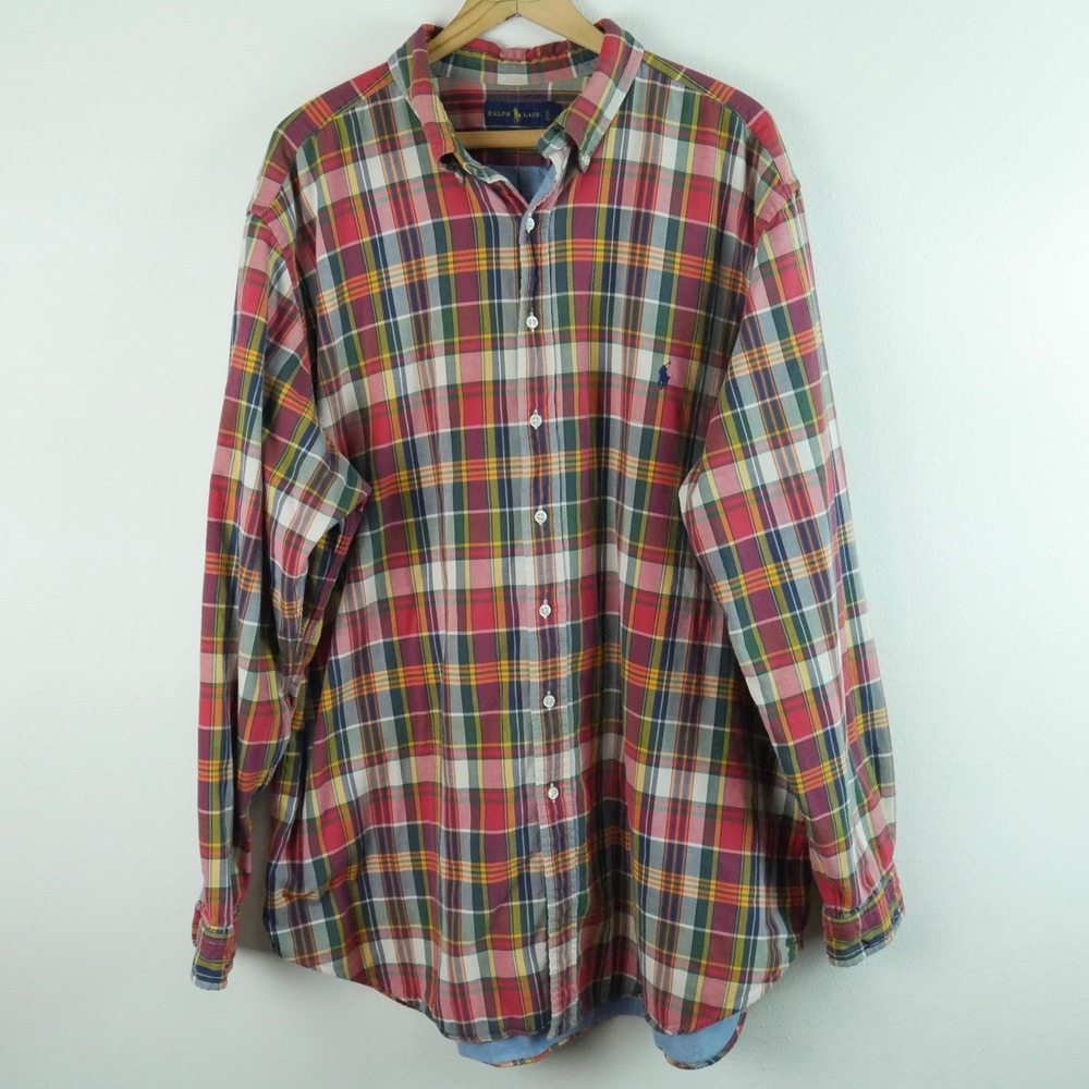 Ralph Lauren 2XLT Classic Fit Plaid Shirt Chambray Lined Bleeding Madras Preppy
